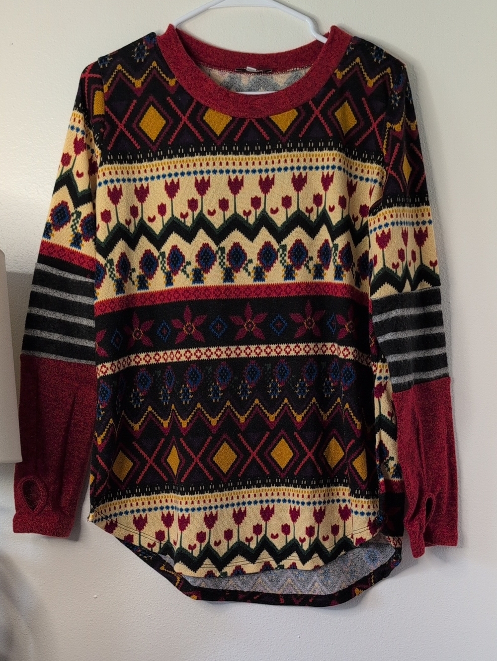 Colorful Fair Isle Knit Sweater with Geometric & Floral Motif